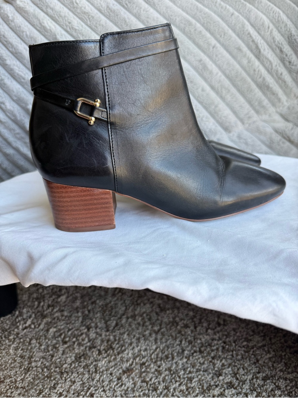 Talbots Black Leather Ankle Booties with Block Heel Gold Detail